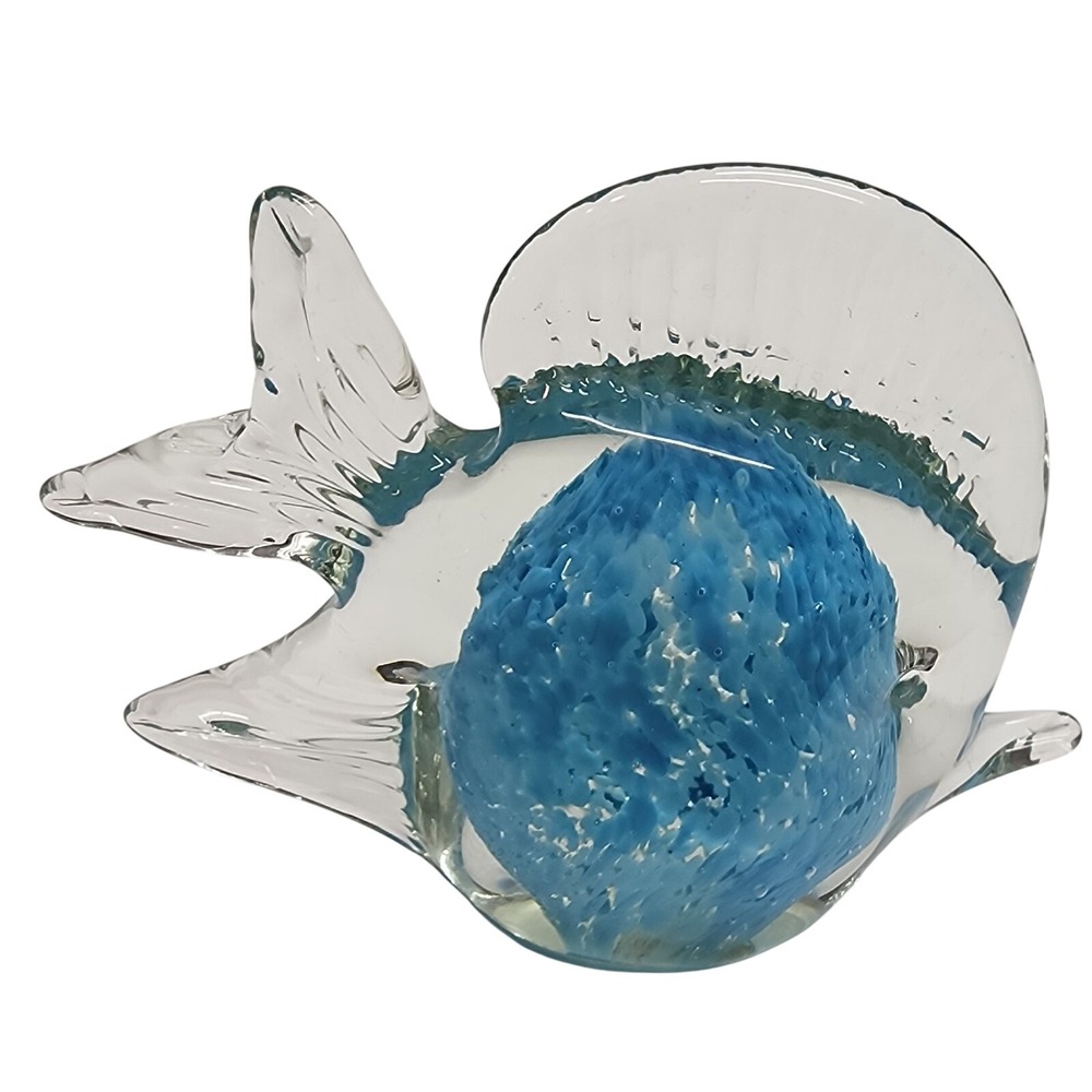 Beautiful Glass Fish Figurine Sculpture, Paperweight, Clear with Blue Center